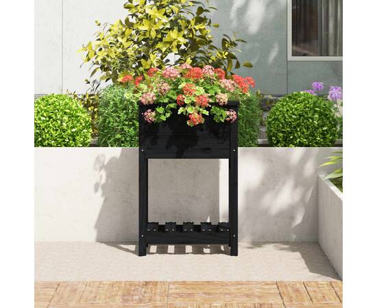 Jardinieră cu raft, negru, 54x34,5x81 cm, lemn masiv de pin, 3 image