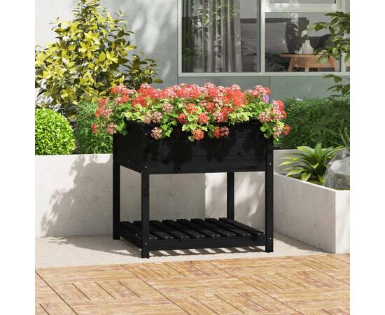 Jardinieră cu raft, negru, 82,5x82,5x81 cm, lemn masiv de pin