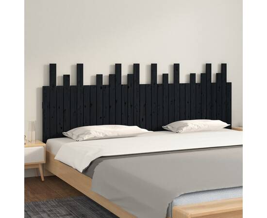 Tăblie de pat pentru perete, negru, 204x3x80 cm, lemn masiv pin