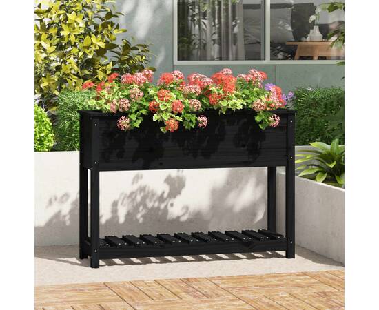 Jardinieră cu raft, negru, 111,5x34,5x81 cm, lemn masiv de pin