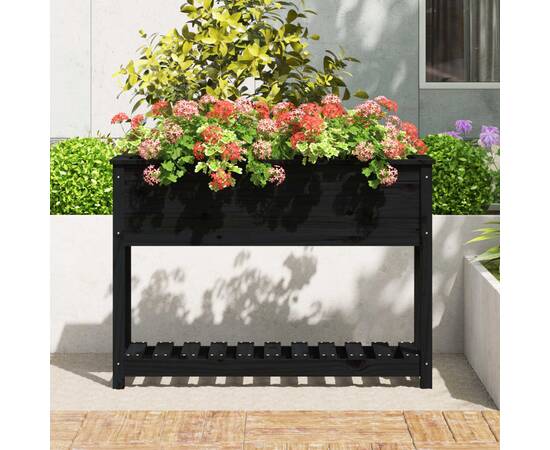 Jardinieră cu raft, negru, 111,5x34,5x81 cm, lemn masiv de pin, 3 image