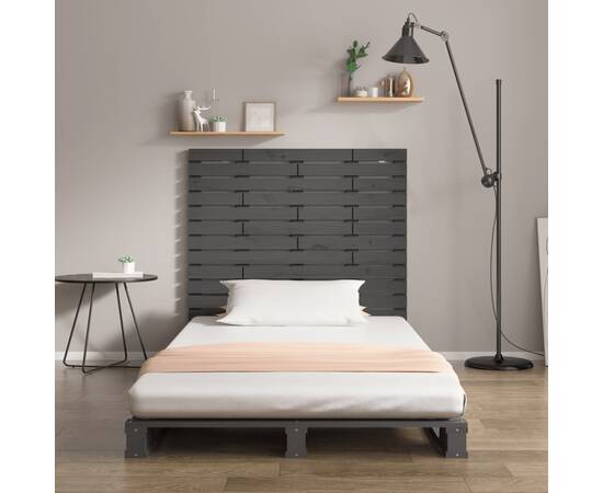 Tăblie de pat pentru perete, gri, 126x3x91,5 cm, lemn masiv pin, 3 image