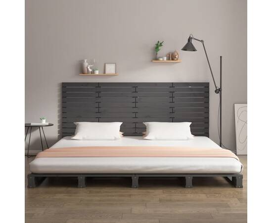 Tăblie de pat pentru perete, gri, 156x3x91,5 cm, lemn masiv pin, 3 image