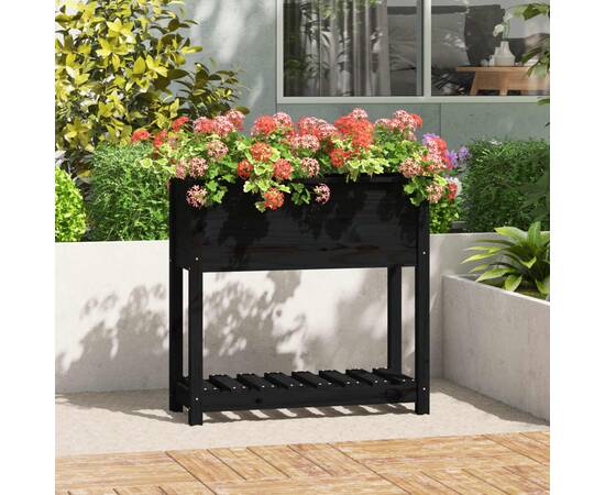 Jardinieră cu raft, negru, 82,5x34,5x81 cm, lemn masiv de pin