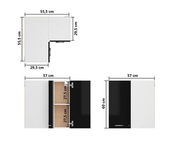 Dulap suspendat de colț, negru extralucios, 57x57x60 cm, pal, 8 image