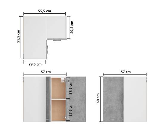 Dulap suspendat de colț, gri beton, 57x57x60 cm, pal, 9 image