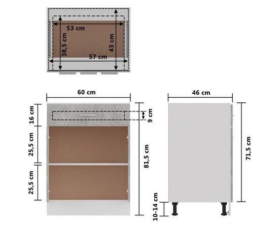 Dulap inferior cu sertar, gri beton, 60 x 46 x 81,5 cm, pal, 9 image