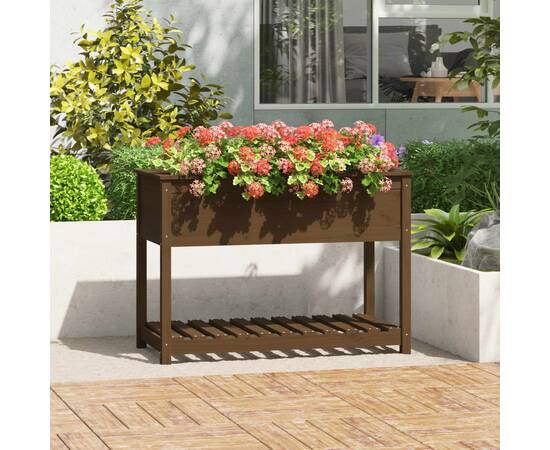 Jardinieră cu raft, maro miere, 111,5x54x81 cm, lemn masiv pin