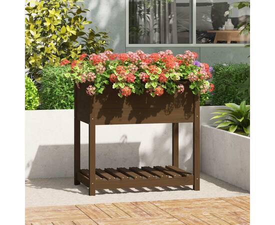 Jardinieră cu raft, maro miere, 82,5x54x81 cm, lemn masiv pin