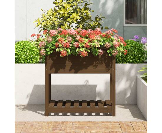 Jardinieră cu raft, maro miere, 82,5x54x81 cm, lemn masiv pin, 3 image