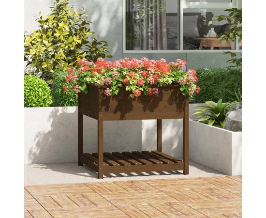 Jardinieră cu raft, maro miere, 82,5x82,5x81 cm, lemn masiv pin