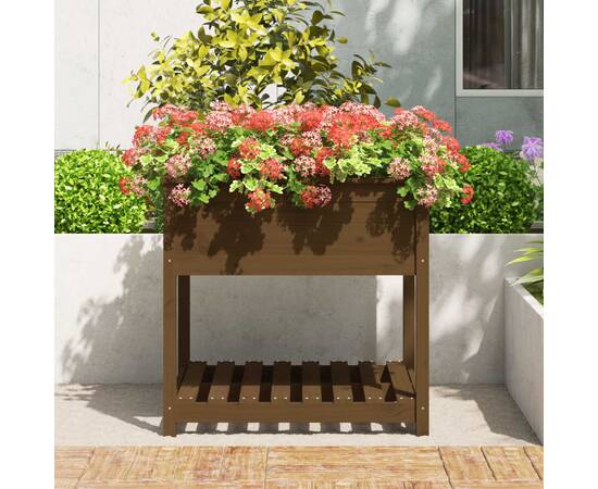 Jardinieră cu raft, maro miere, 82,5x82,5x81 cm, lemn masiv pin, 3 image