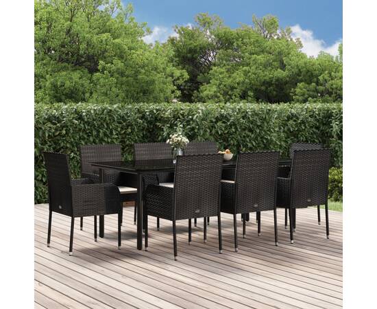 Set mobilier de grădină cu perne, 9 piese, negru, poliratan