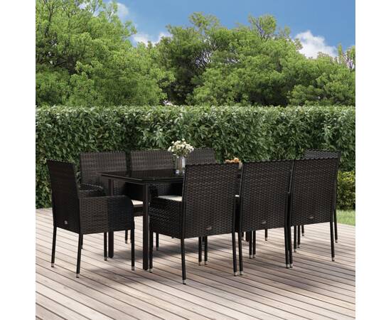 Set mobilier de grădină cu perne, 9 piese, negru, poliratan