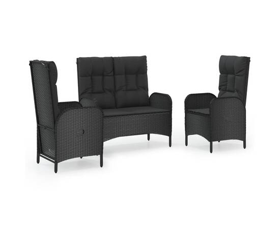 Set mobilier de grădină cu perne, 3 piese, negru, poliratan, 2 image