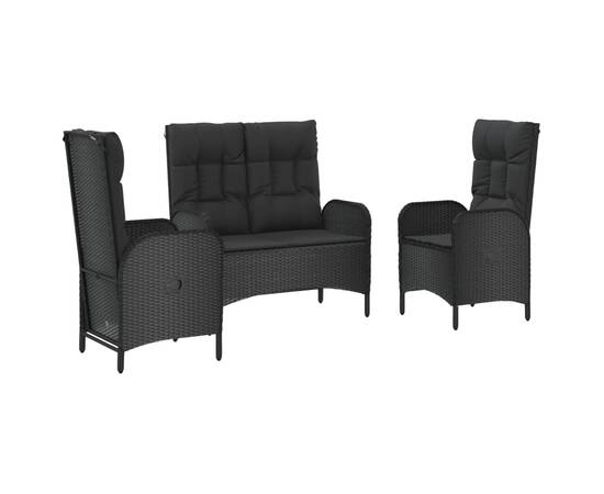 Set mobilier de grădină cu perne, 3 piese, negru, poliratan, 3 image