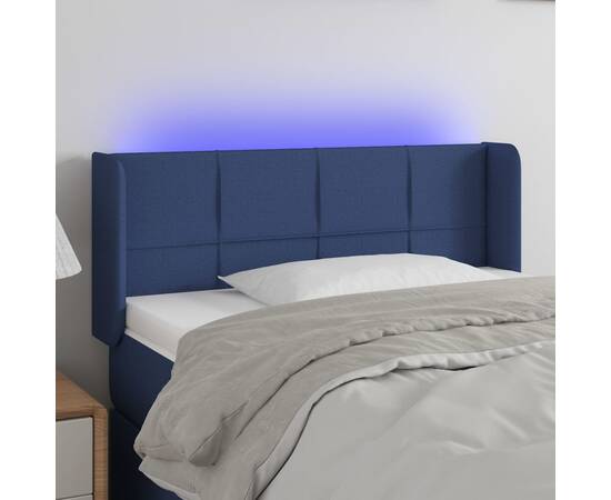 Tăblie de pat cu led, albastru, 103x16x78/88 cm, textil