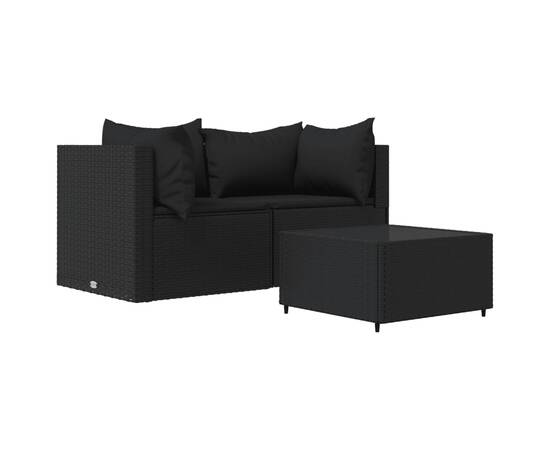 Set mobilier de grădină cu perne, 3 piese, negru, poliratan, 2 image