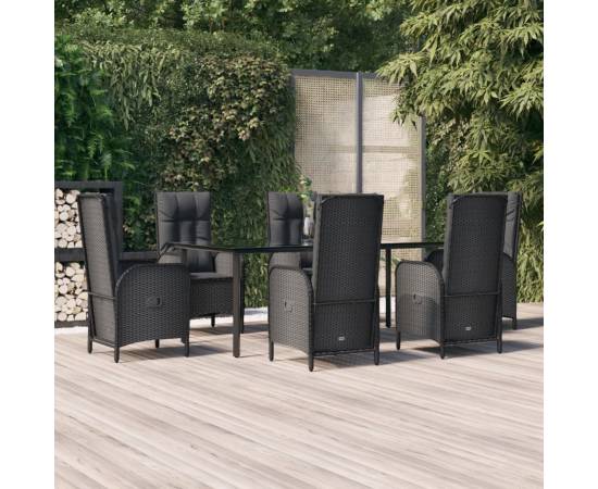 Set mobilier de grădină cu perne, 7 piese, negru, poliratan