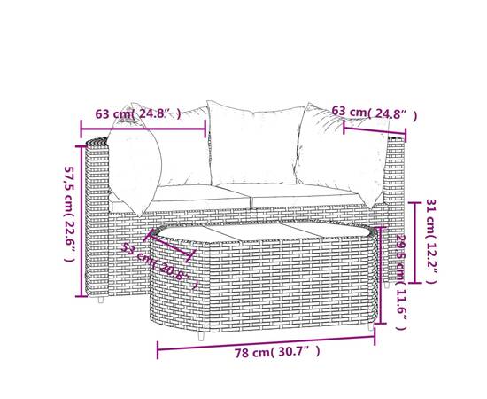 Set mobilier de grădină cu perne, 3 piese, maro, poliratan, 11 image