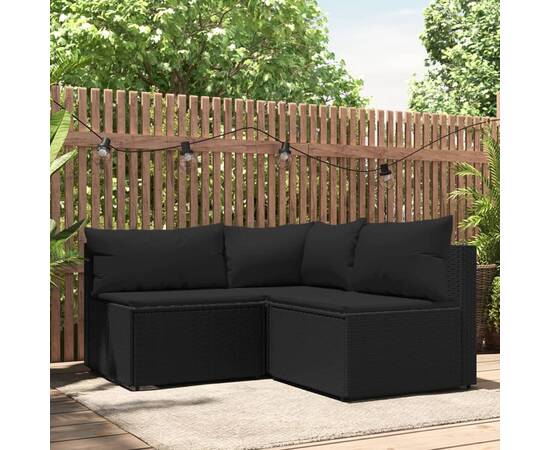 Set mobilier de grădină cu perne, 3 piese, negru, poliratan