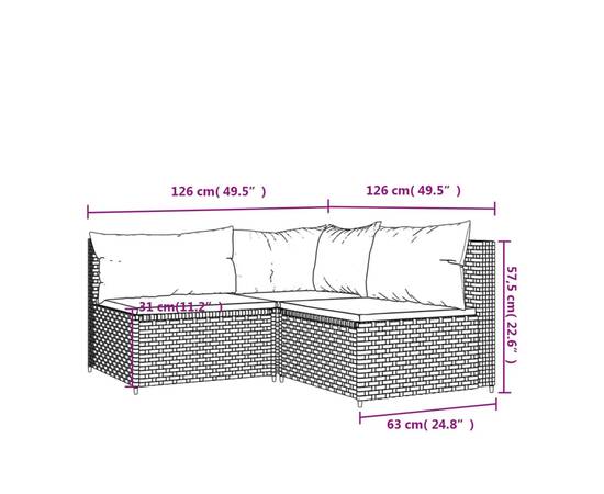 Set mobilier de grădină cu perne, 3 piese, negru, poliratan, 9 image