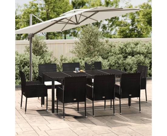 Set mobilier de grădină cu perne, 9 piese, negru, poliratan