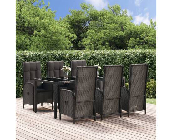 Set mobilier de grădină cu perne, 7 piese, negru/gri, poliratan