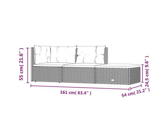 Set mobilier de grădină cu perne, 3 piese, gri, poliratan, 7 image