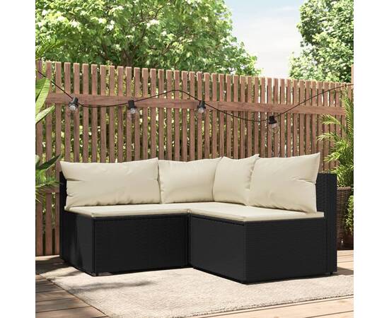 Set mobilier de grădină cu perne, 3 piese, negru, poliratan