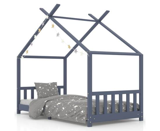 Cadru de pat pentru copii, gri, 90 x 200 cm, lemn masiv de pin, 2 image