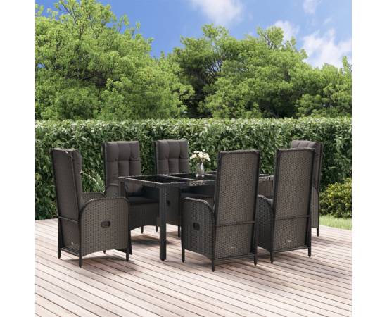 Set mobilier de grădină cu perne, 7 piese, negru, poliratan