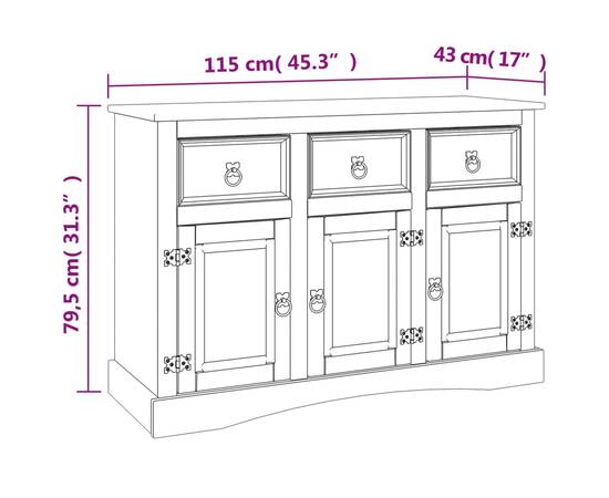 Servantă corona, 115x43x79,5 cm, lemn masiv de pin mexican, 8 image