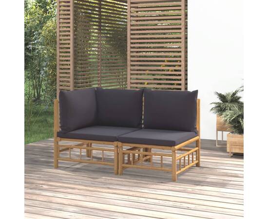 Set mobilier de grădină cu perne gri închis, 2 piese, bambus