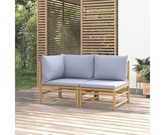 Set mobilier de grădină cu perne gri deschis, 2 piese, bambus