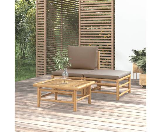 Set mobilier de grădină cu perne gri taupe, 3 piese, bambus