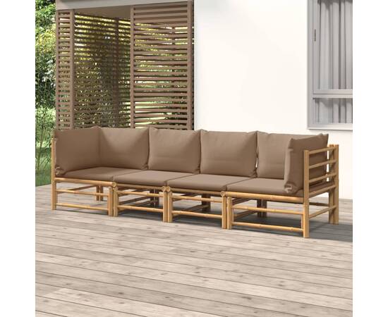 Set mobilier de grădină cu perne gri taupe, 4 piese, bambus