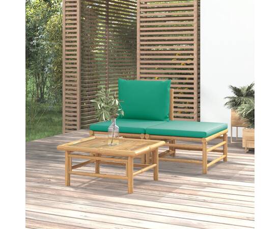 Set mobilier de grădină cu perne verzi, 3 piese, bambus