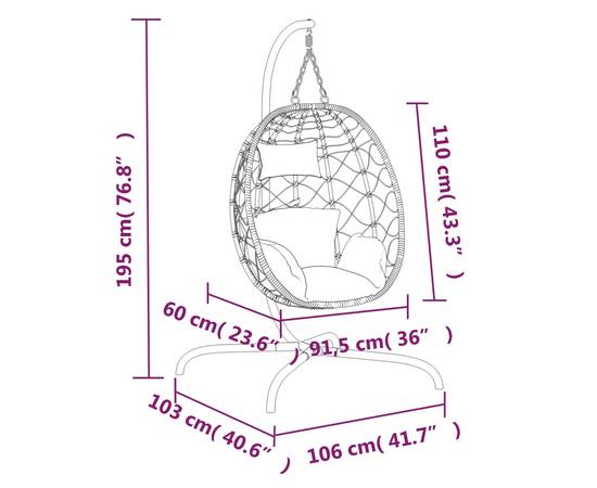 Scaun suspendat tip ou cu pernă, antracit, poliratan și oțel, 8 image