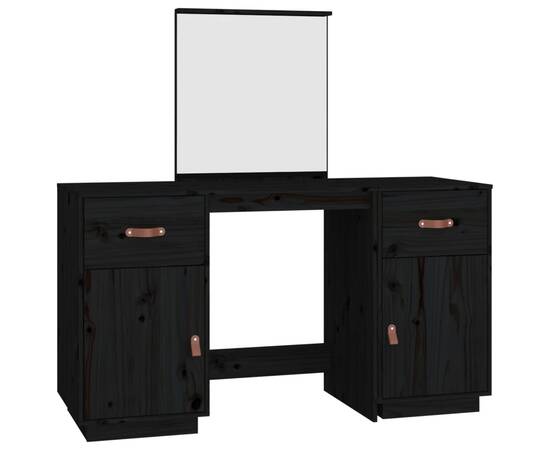 Set masă de toaletă cu oglindă, negru, lemn masiv de pin, 2 image