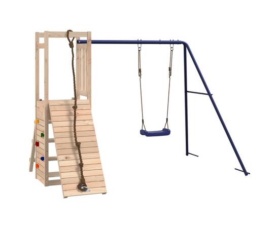 Căsuță de joacă cu perete de cățărat și leagăn, lemn masiv pin, 2 image