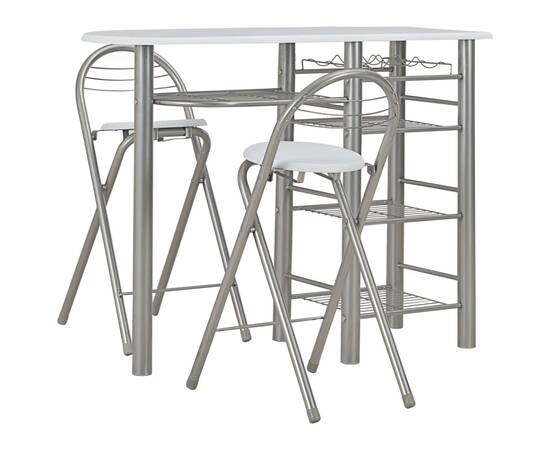 Set mobilier de bar, cu rafturi, 3 piese, alb, lemn și oțel, 2 image