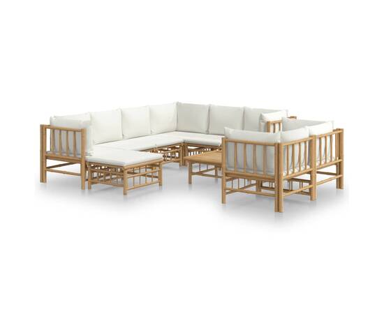 Set mobilier de grădină, cu perne alb crem, 10 piese, bambus, 2 image