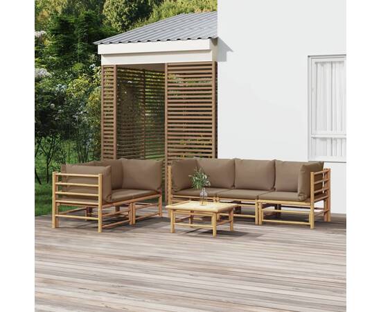 Set mobilier de grădină cu perne gri taupe, 6 piese, bambus
