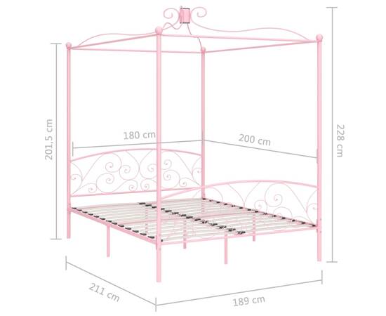 Cadru de pat cu baldachin, roz, 180 x 200 cm, metal, 6 image