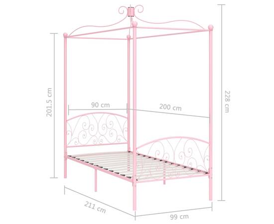 Cadru de pat cu baldachin, roz, 90 x 200 cm, metal, 6 image