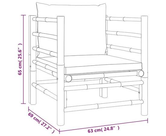 Canapea de mijloc de grădină, perne gri deschis, bambus, 7 image