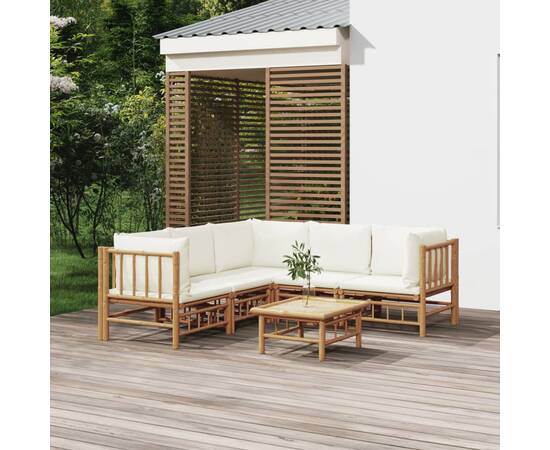 Set mobilier de grădină cu perne alb crem, 6 piese, bambus