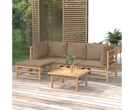 Set mobilier de grădină cu perne gri taupe, 5 piese, bambus