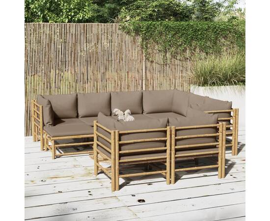 Set mobilier de grădină cu perne gri taupe, 10 piese, bambus